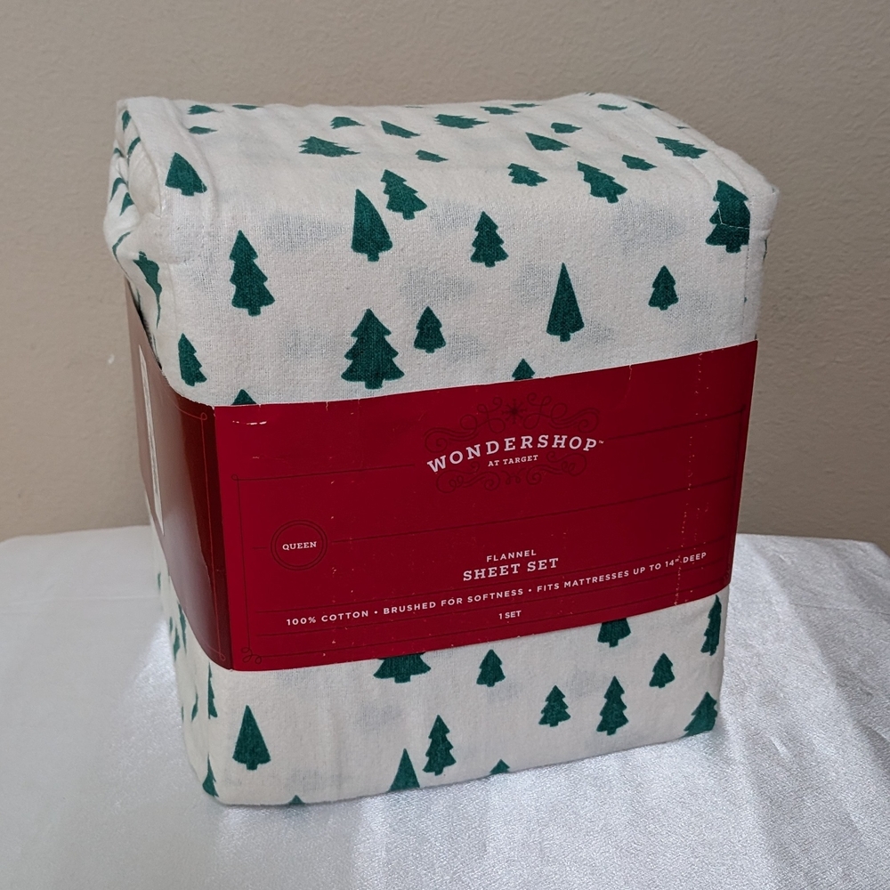New Wondershop Flannel Sheet Set 100% Cotton Green‎ Tree Pattern Queen
